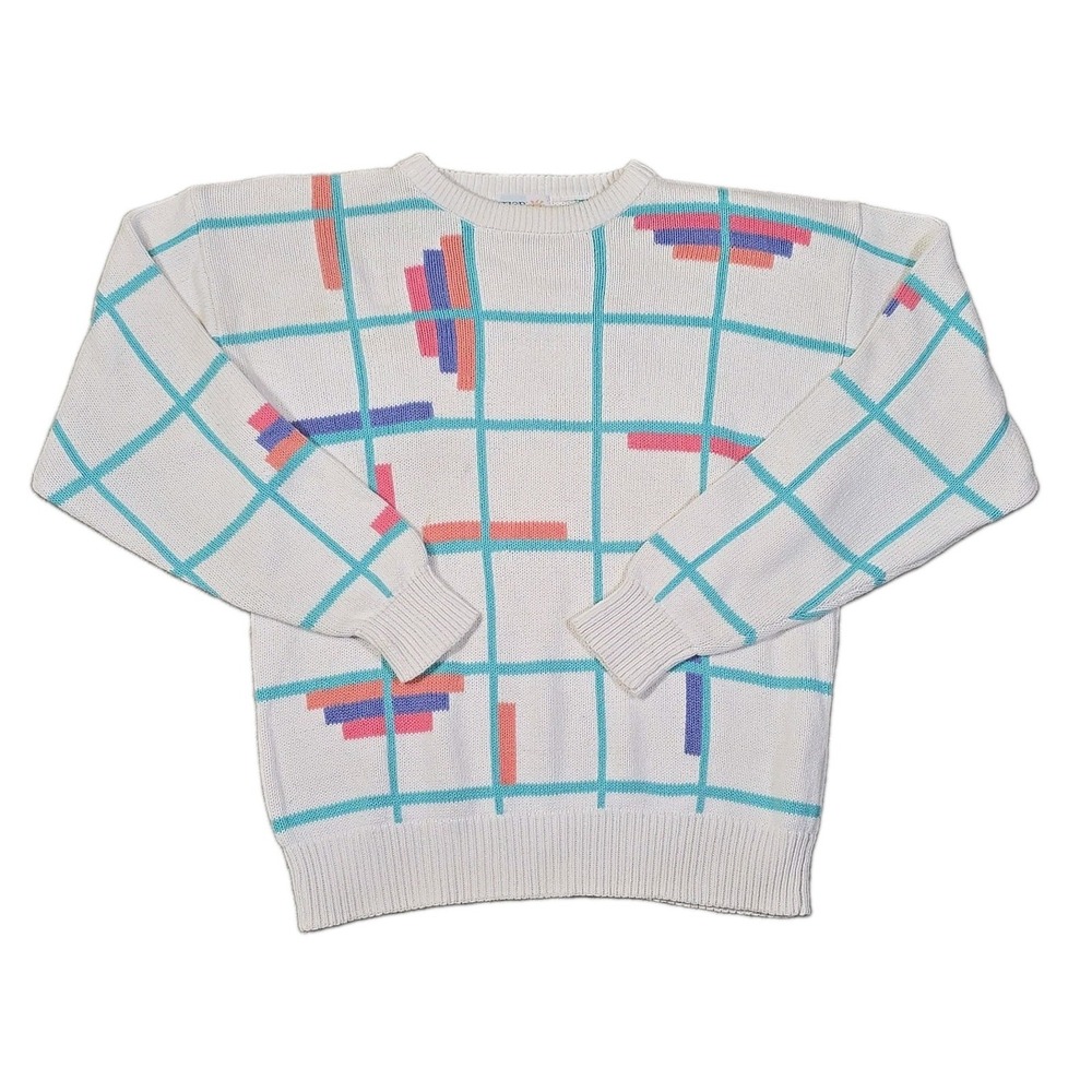IZOD Club USA 100% Cotton Geometric Sweater Vintage 80s Womens L Abstract Knit